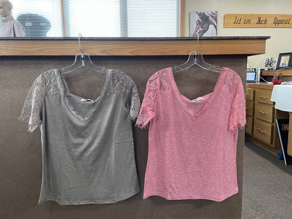 women's short sleeve tee, with lace sleeves and v neck line, dusty pink or dusty brown