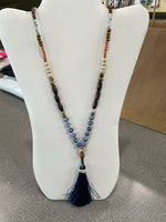 Women's mixed bead long necklace with navy tassel