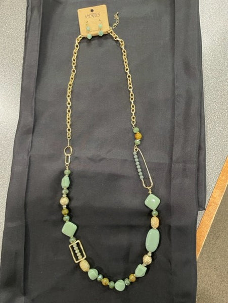 long mixed bead, dusty mint necklace & earring set