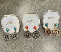 Women's CZ wagon wheel earrings with turquoise or coral post