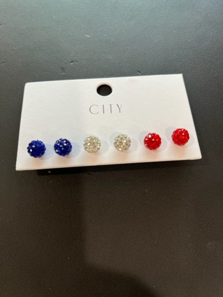 set of 3 red, white & blue rhinestone post earrings