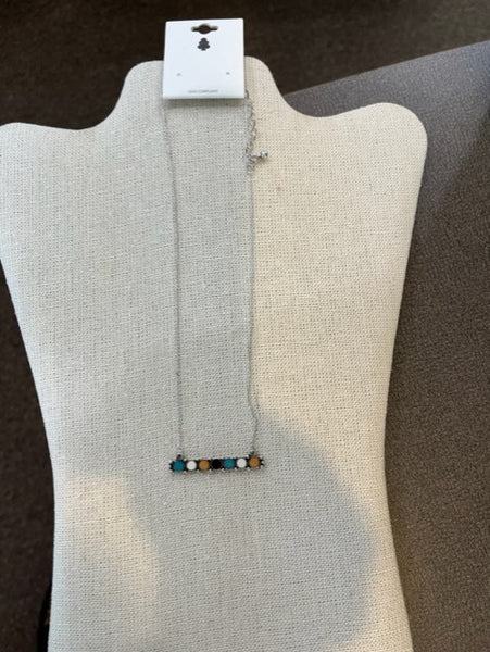 short silver necklace with horizontal,  multi color beaded, bar