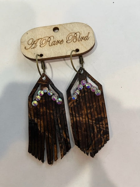 dark brown leather earrings with rhinestones