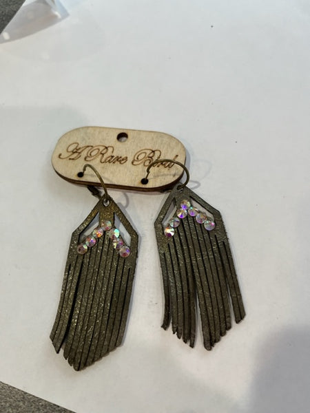 olive leather and rhinestone earrings