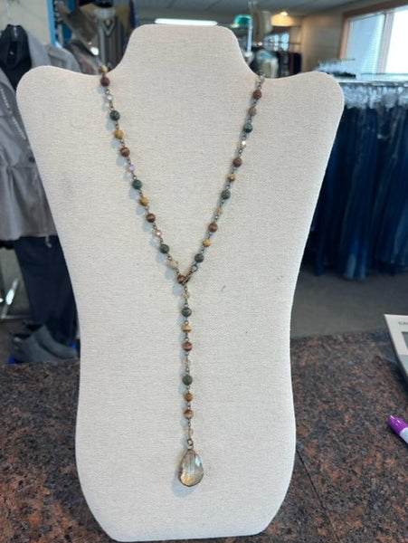 Savannah Jasper, adjustable necklace with teardrop glass pendant