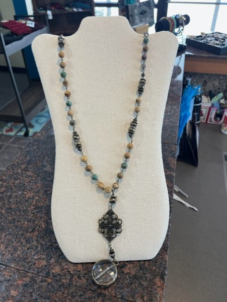 Savannah Jasper long necklace with glass medallion pendant