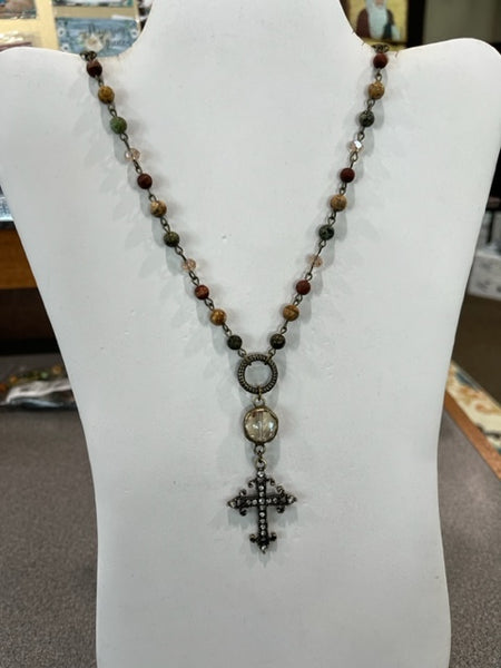 Savannah Jasper beaded necklace with cross pendant
