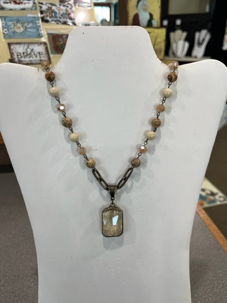Sunrise jasper beaded necklace with square glass pendant