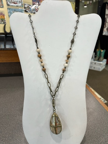 long sunrise jasper stone bead & copper necklace with smokey glass pendant
