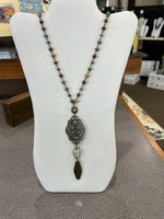 Savannah Jasper long beaded necklace with double copper  pendants