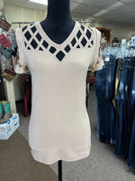women's tan short sleeve top with laser cut outs