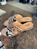 women's tooled & hair on hide leather flat sandals