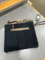 Medium Myra bag - light colored leather tooling & black & blue print