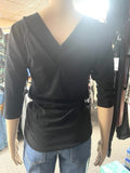 Black V neck front and back, stud embellished, 3/4 sleeve top, Reg. & Plus