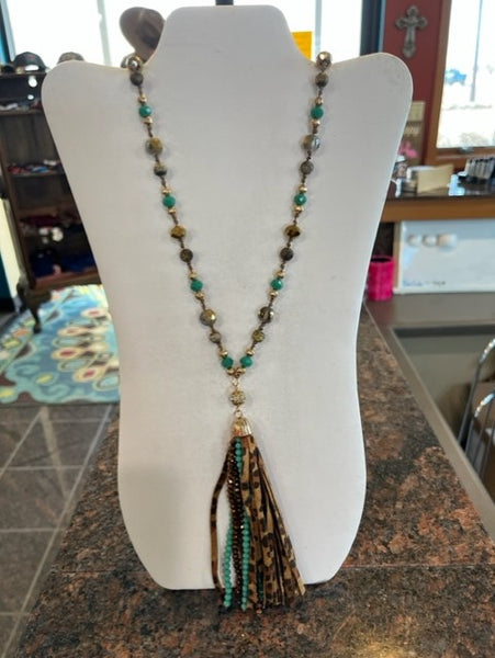 long mixed beads necklace with leopard tassel