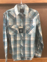 Men's longsleeve, light blue plaid, western shirt by wrangler