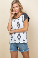 Women's Ivory & grey aztec print short sleeve shirt in Regular and Plus
