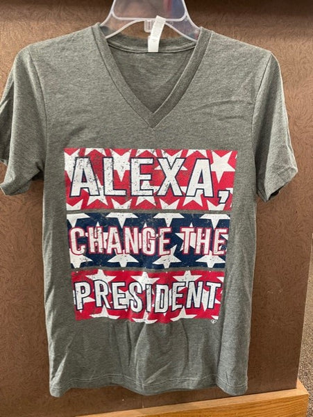 Women's vneck graphic tee "Alexa change the president"