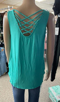 Women's Regular and Plus, Aqua flowy tank top with criss cross back details