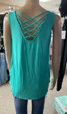 Women's Regular and Plus, Aqua flowy tank top with criss cross back details