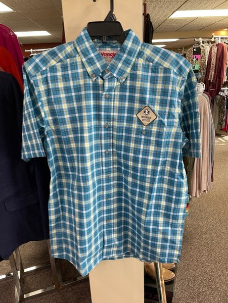 men's short sleeve bright blue plaid button up shirt