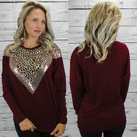 women's long sleeve shirt with leopard & glitter V accent