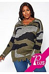 Women's Plus size camo distressed sweater