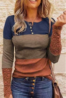 Women's long sleeve color block, navy, brown & rust shirt