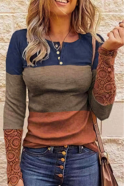 Women's long sleeve color block, navy, brown & rust shirt