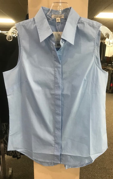 light blue sleeveless button front shirt