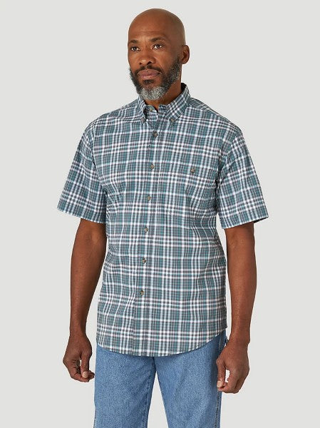 Men's Short sleeve button down grey teal plaid shirt