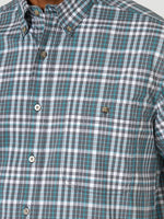 Men's Short sleeve button down grey teal plaid shirt