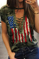 women's cap sleeve camo & American flag print shirt