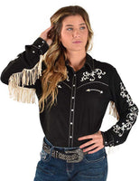 Pullover faux snap up,  Black top with cream fringe from Cowgirl Tuff Co.