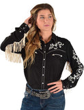 Pullover faux snap up,  Black top with cream fringe from Cowgirl Tuff Co.