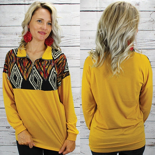 Women's 1/4 zip mustard and aztec longsleeve shirt