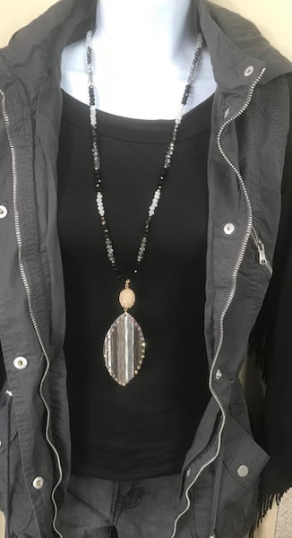 black and grey beaded long necklace with pendant