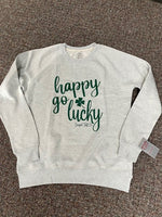 Women's grey crew neck sweatshirt - "happy go lucky"