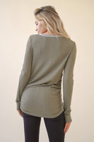 Women's Waffle knit henley with camoflage accent