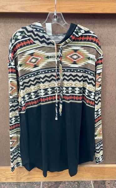 Plus size black and aztec, long sleeve, hooded top