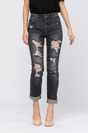 women's black wash destructed boyfriend jean