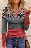 Women's Long sleeve pink leopard color block shirt