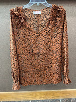 Women's Rust with black polka dots v neck blouse