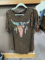 women's brown mineral washed tee, with license plate bull on front