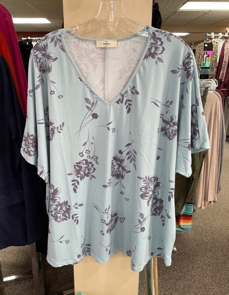 Women's plus size misty blue with eggplant floral patern