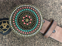 Women's brown leather belt with multi colored round buckle