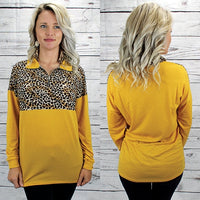 long sleeve solid & leopard print shirt with 1/4 zip