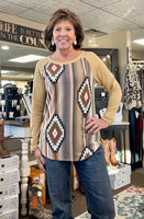 Long sleeve mustard and Aztec print top - Regular & Plus sizes