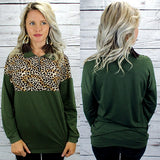 long sleeve solid & leopard print shirt with 1/4 zip