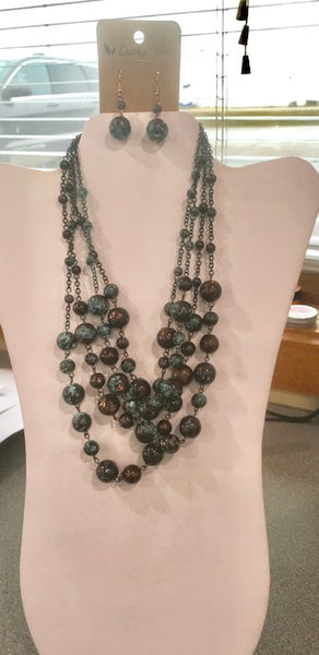 Multi layered patina beaded necklace & earring set